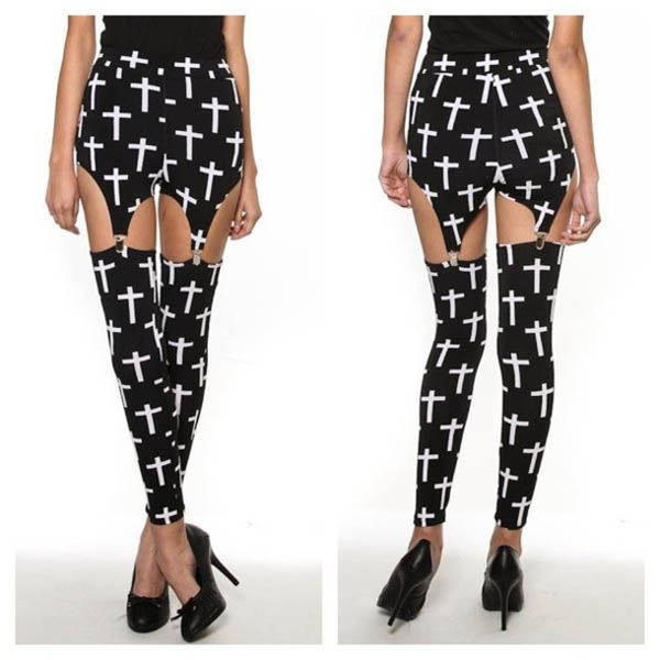 Fashion Goth Rock Garter Buckle Black Cross Print Stretchy Tights Pants